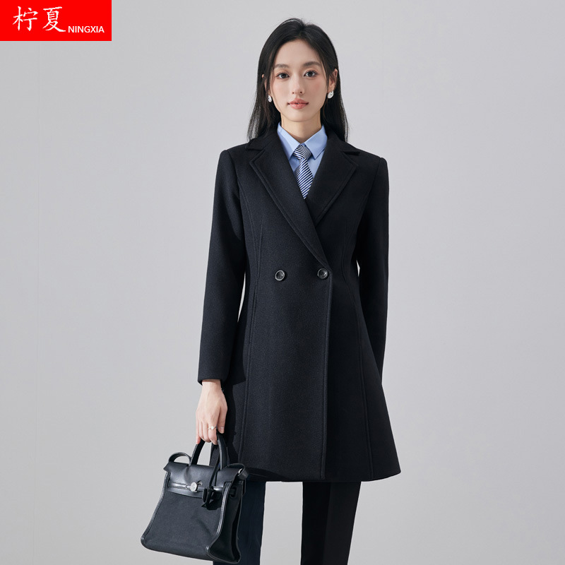 黑色毛呢外套女2025新款冬装加厚高级珠宝店工作服夹棉西装大衣冬