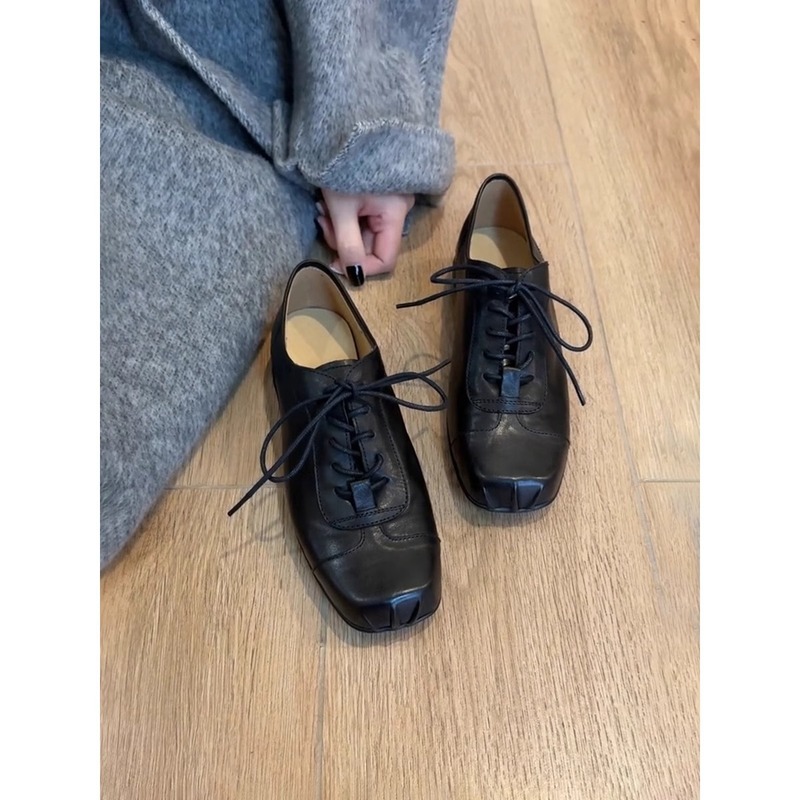 Cowhide Version ~ Retro Art Square Head Lace-up Small Leather Shoes Women's Black Thick-soled Sports Shoes British Style Loafers