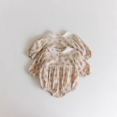 韓版ins海軍翻領娃娃衫女寶寶長袖褶皺燈籠款三角連體包屁哈衣