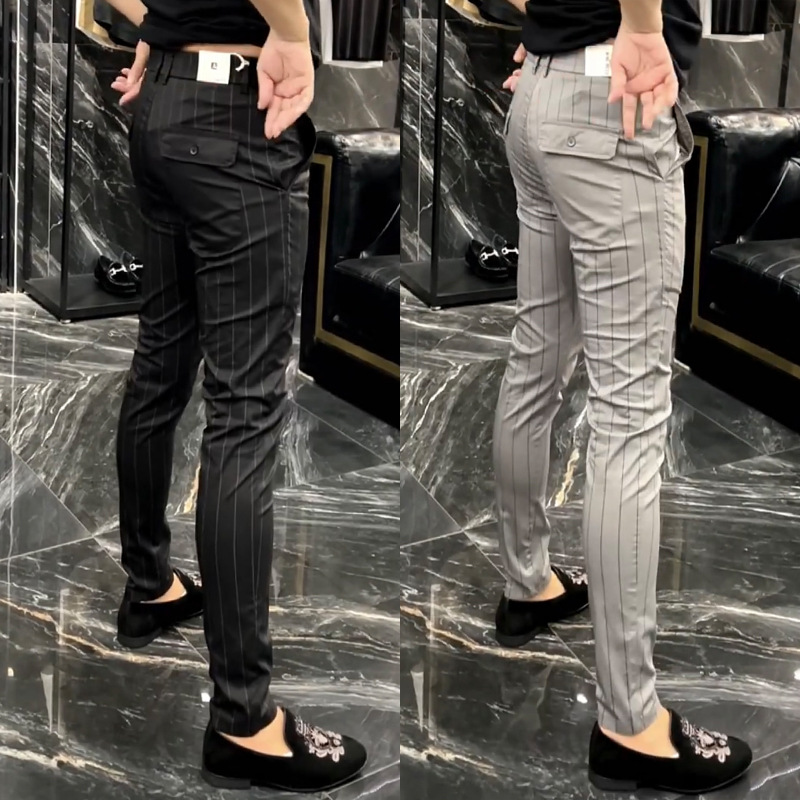 New Autumn Men's Striped Business Casual Pants, Slim Fit Straight Leg, Korean Style, Trendy and Versatile, Skinny Long Pants