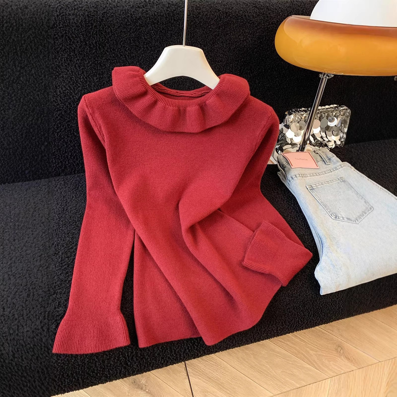 Thickened Lace-Trimmed Half-Turtleneck Knit Sweater for Women, Autumn and Winter Design, Sweet and Gentle Style Top