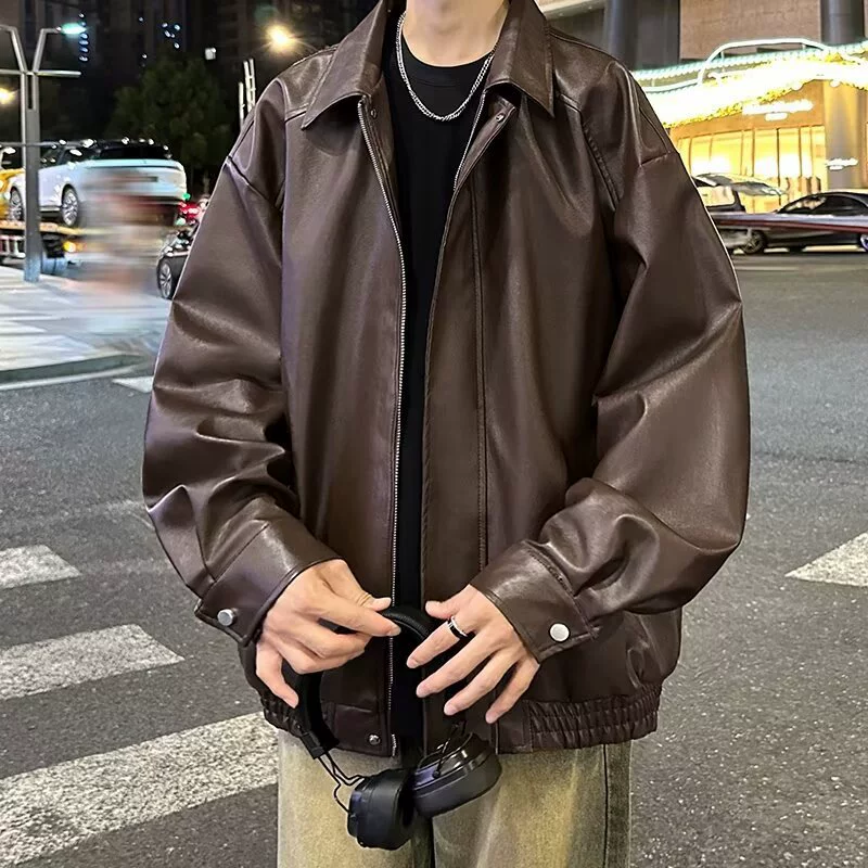 Кожаная куртка мужская весна осень американский ретро лацканы повседневный 2025 новый гонконгский ветер мальчик харли мотоциклетная куртка