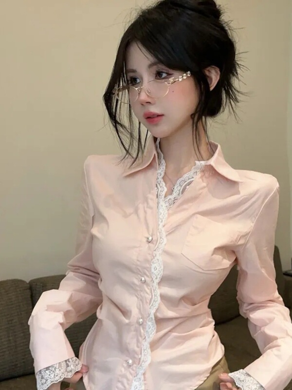 French Hollow Lace Collar Shirt, Feminine Waist Slimming Shirt, Autumn High-End Long-Sleeved Top