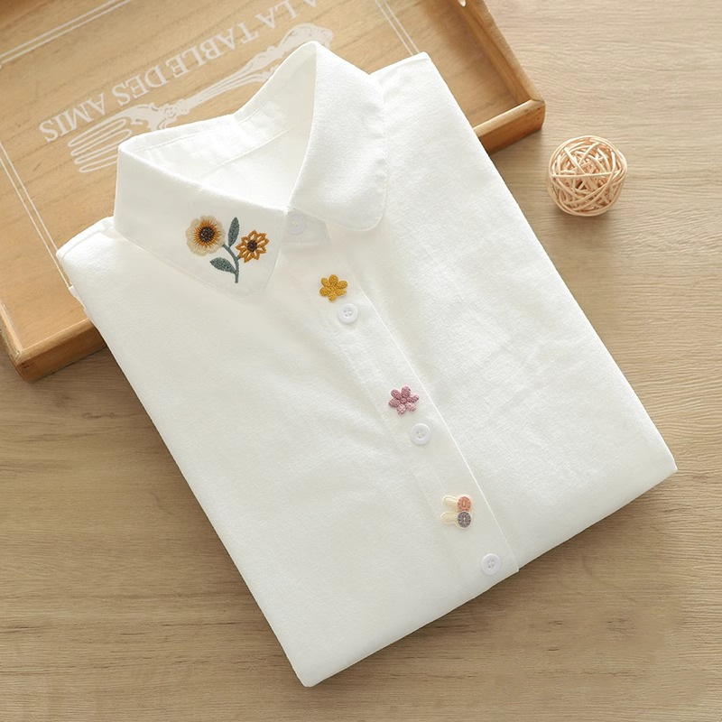 Pure Cotton Long Sleeve Shirt Women's Spring and Autumn New Artistic Fresh Style Sunflower Embroidered College Style Casual Shirt Top Pure Cotton Long Sleeve Shirt Women's Spring and Autumn New Artistic Fresh Style Sunflower Embroidered College Style Casual Shirt Top