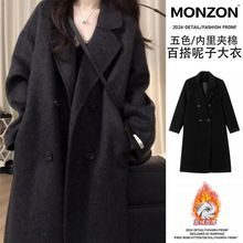赫本风中长款呢子大衣女秋冬新款加厚小个子感毛呢外套