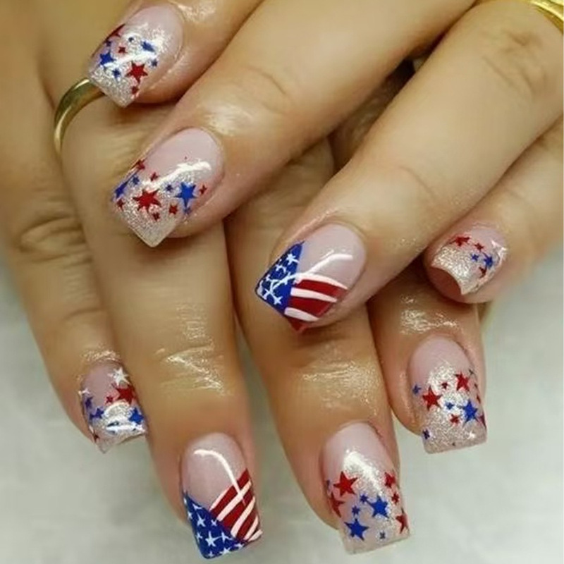 Independence Day Short Square Silver Glitter American Flag V-Shaped French Blue White Red Five-Pointed Star Design Nail Art Tips Independence Day Short Square Silver Glitter American Flag V-Shaped French Blue White Red Five-Pointed Star Design Nail Art Tips