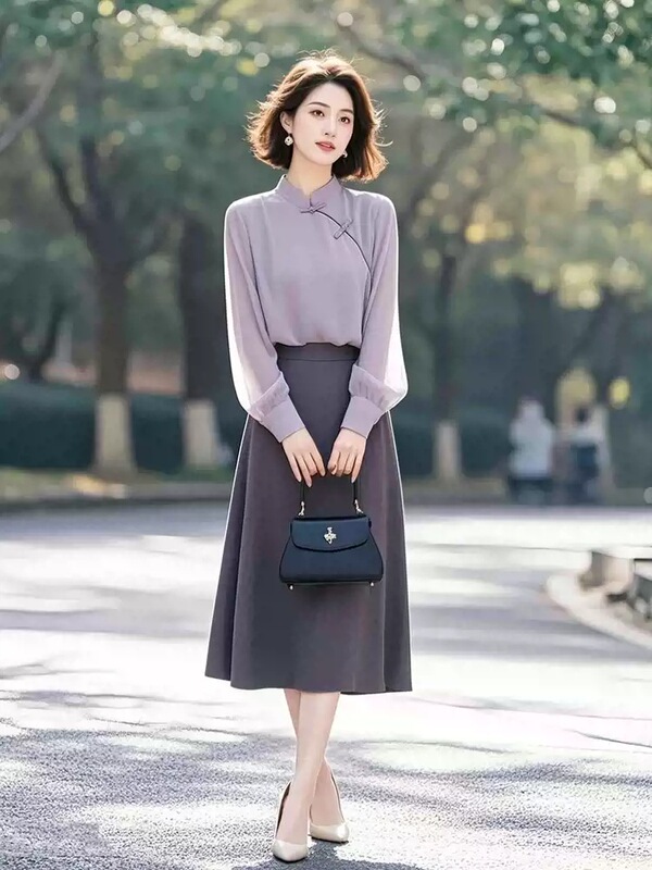 小个子新中式国风衬衫两件套女装开春紫色盘扣系穿搭气质套装裙子|undefined