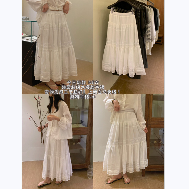 White 2026 Spring A-Line Flared Skirt, Mid-Length Tiered Skirt, Lace-Trimmed Umbrella Skirt White 2026 Spring A-Line Flared Skirt, Mid-Length Tiered Skirt, Lace-Trimmed Umbrella Skirt