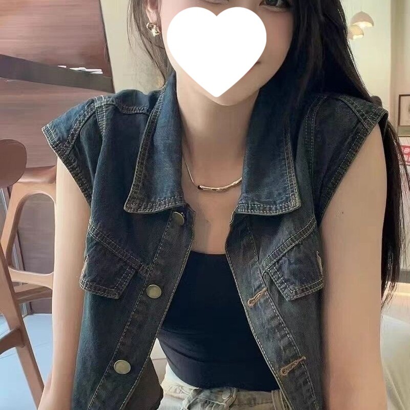American Retro Style High-End Versatile Denim Vest for Women, Short Sleeveless Cardigan Top for Summer