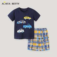 夏季新品儿童t恤套装针织棉欧美风男童短袖两件套衫卡通印绣花型