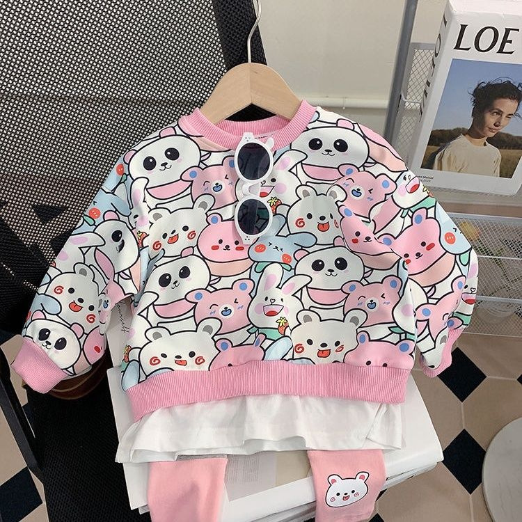 秋季新款韩版洋气宝宝假两件卫衣小童儿童卡通薄款女童套装两件套