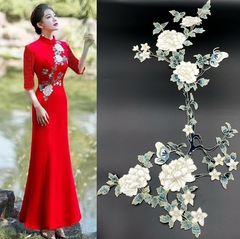 新款中國風大牡丹蝴蝶花刺繡 優雅古典旗袍禮服繡花服裝輔料