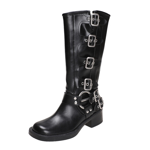 Belt buckle retro tall boots fashion boots women's boots over-the-knee boots thick heel western boots height leather boots