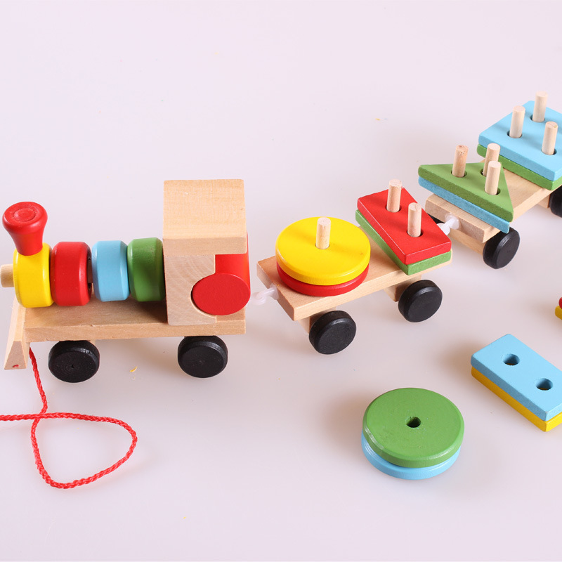 Wooden three-section small train geometric shape set column baby young children's intelligence early education building blocks drag toy