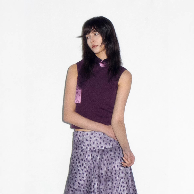 Short Wave satin polka dot patchwork tie-neck sleeveless T-shirt Short Wave satin polka dot patchwork tie-neck sleeveless T-shirt