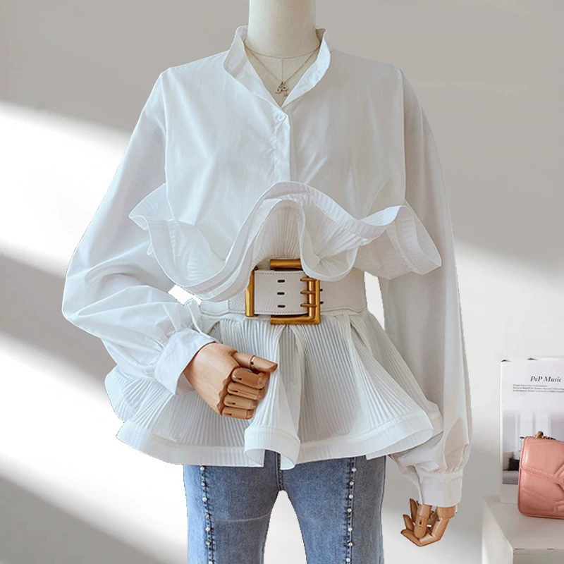 Рубашка с длинными рукавами женская чувство дизайна нишевые трехмерные плиссированные листья лотоса, талия тонкая, дикая весенняя рубашка женская