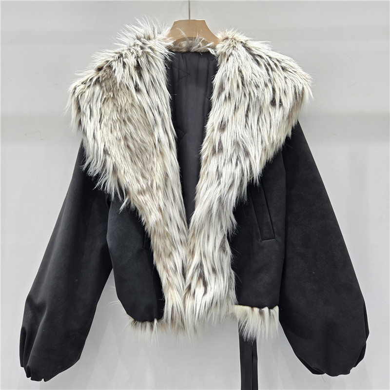 Estación europea de invierno 2025 nueva chica americana estampada leopardo gran peludo collar interior chaqueta de abrigo corto de algodón