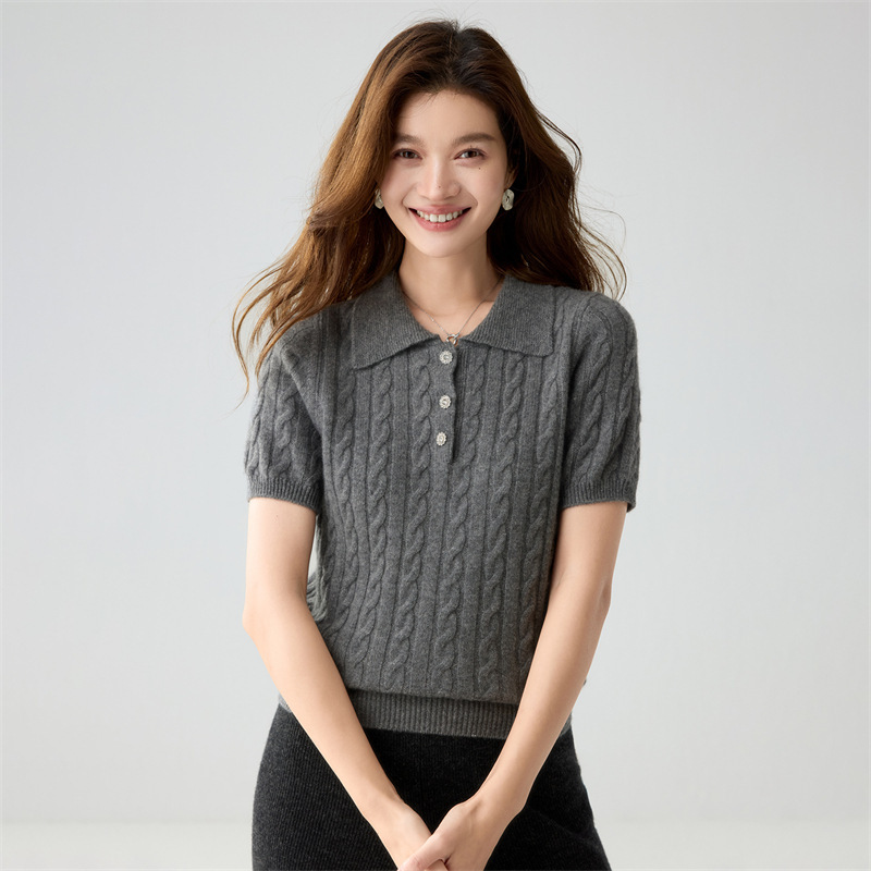 Cashmere women's polo collar cable knit casual loose-fitting elegant old money style cashmere autumn and winter new short-sleeve knit Cashmere women's polo collar cable knit casual loose-fitting elegant old money style cashmere autumn and winter new short-sleeve knit
