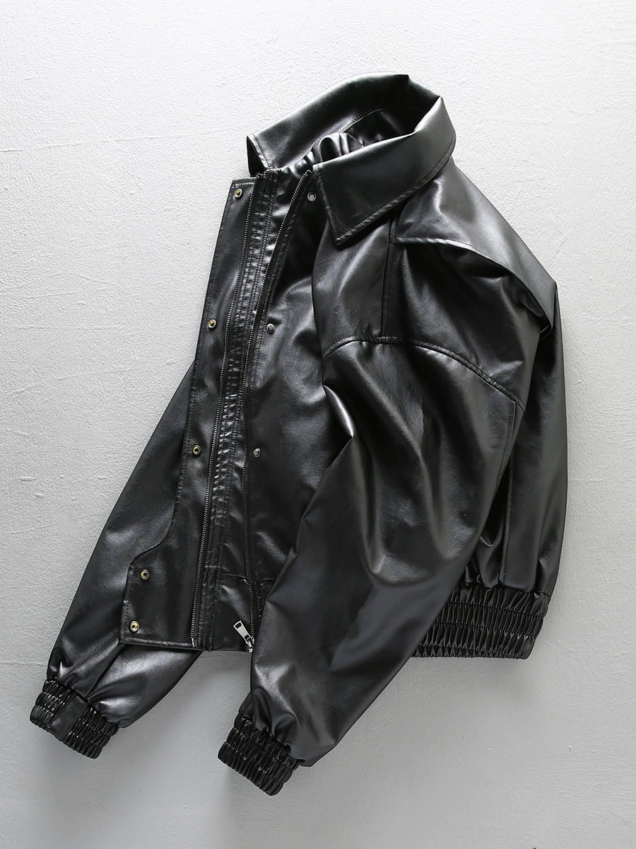 Jacket, polyurethane retro black set, American style, loose fit