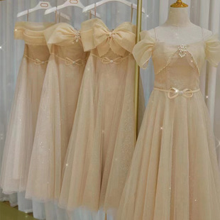 Bridesmaid Dress 2025 New Autum Champagne Color Graduation Wedding Sister Group Birthday Dress Skirt Female High-End Slimming Look