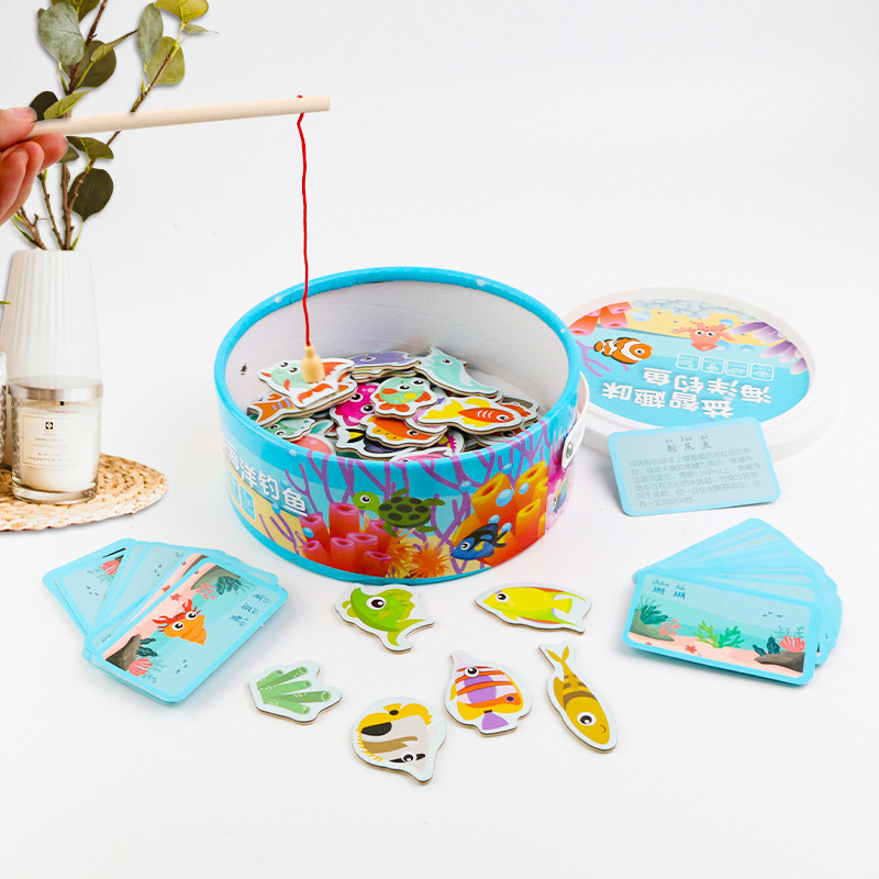 Wooden Children's Puzzle 3-6 Years Old Baby Stall Magnetic Fish Pool Fun Barrel Marine Magnetic Fishing Toy