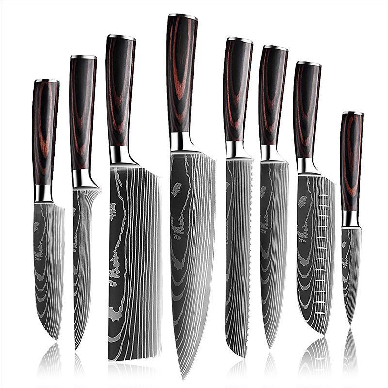 Venta caliente transfronteriza patrón de Damasco cuchillo de chef mango de madera de color cuchillo de cocina de acero inoxidable juego de cuchillos de estilo japonés Sande al por mayor