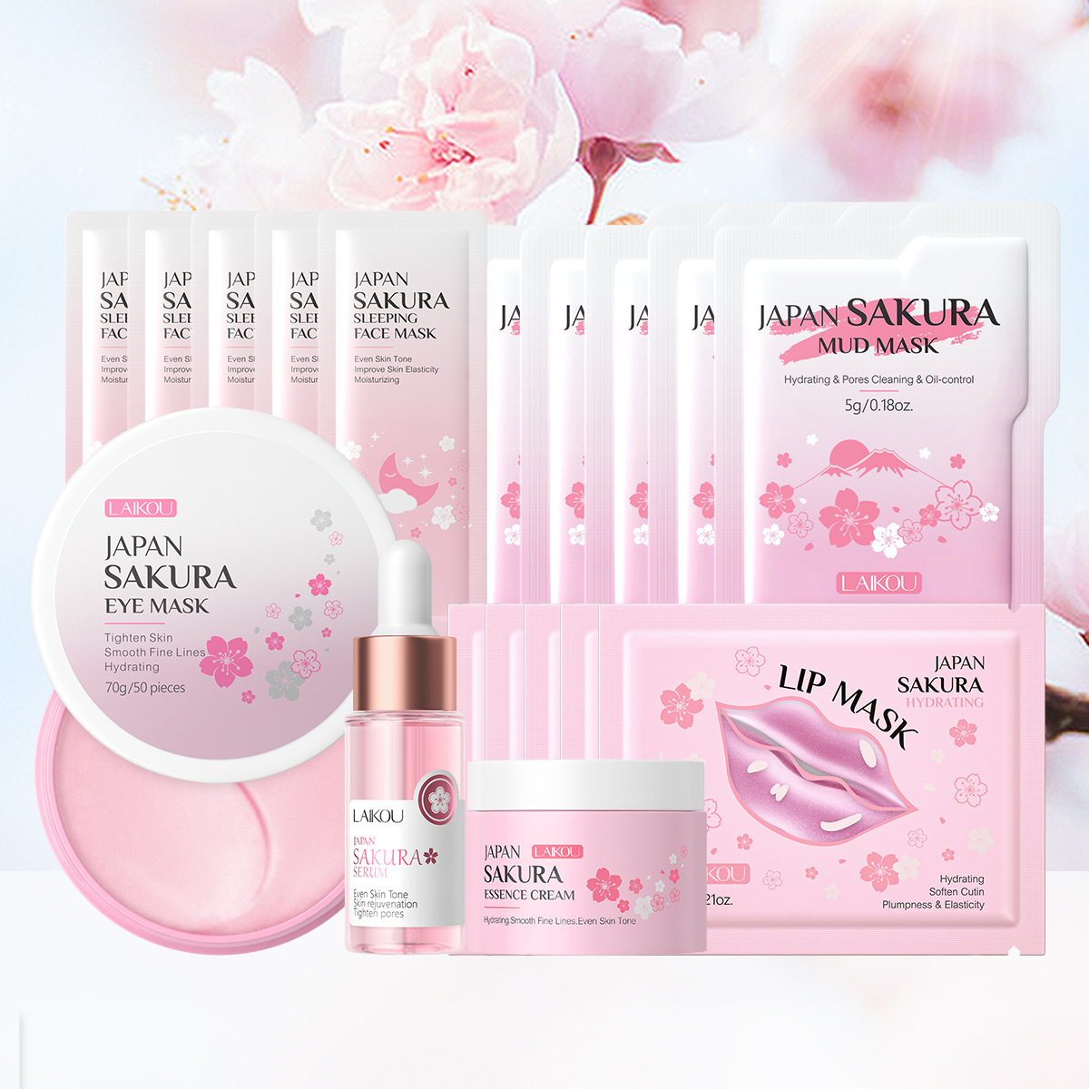 Conjunto combinado de leche de caracol y flor de cerezo LAIKOU transfronterizo, varios conjuntos, kit de productos para el cuidado de la piel de combinación libre.
