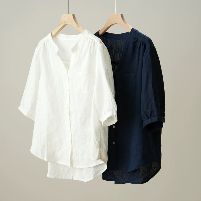 Japanese-Style Lazy Style Linen Shirt, Fully Washed Linen, Breathable and Loose-Fitting, V-Neck, Mid-Sleeve, Daily Commute Shirt for Women Japanese-Style Lazy Style Linen Shirt, Fully Washed Linen, Breathable and Loose-Fitting, V-Neck, Mid-Sleeve, Daily Commute Shirt for Women
