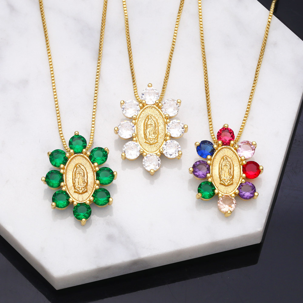New Color Zircon Virgin Mary Copper 18K Gold-plated Necklace