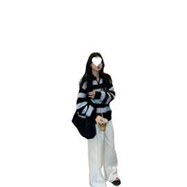 慵懒新款条纹翻领毛衣秋季宽松秋冬针织衫长袖休闲上衣图片色