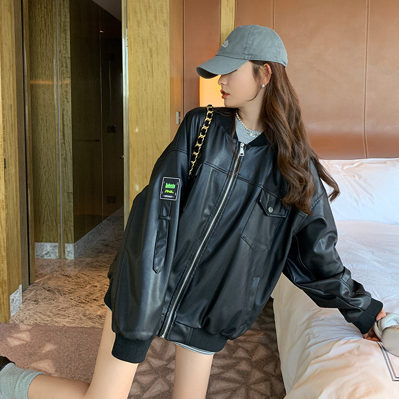 Real shot oversize Hit color Labeling Easy zipper Placket pocket design pu Motorcycle leather female