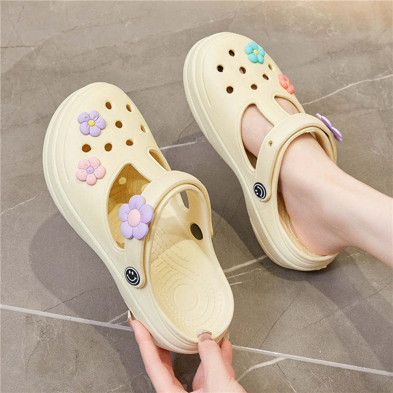 Summer Thick Sole Hole Shoes Jelly Beach Shoes Girl Garden Student Flat Slip Resistant Toe Slippers Sandals Women
