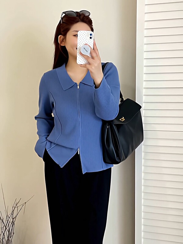 【包邮】大码女装休闲卫衣女polo领外套2025秋胖mm宽松针织开衫|undefined