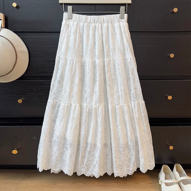 Высокие чувства кружева жаккардовая вышивка юбка женская весна 2025 новый стиль высокая талия складка свободная юбка торт