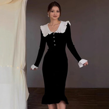 2025秋冬新款欧美跨境法式裙拼接修身气质法式针织中长裙荷叶边裙