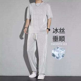 Boys Summer Casual Fashion Straight Trousing Loose Straight Trousers Solid Color All-match Top Short Sleeve Thin