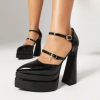 Platform high‑heel pumps, pointed toe, double buckle, waterproof, sizes 33–44