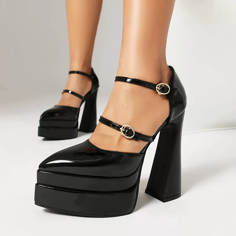 Platform high‑heel pumps, pointed toe, double buckle, waterproof, sizes 33–44