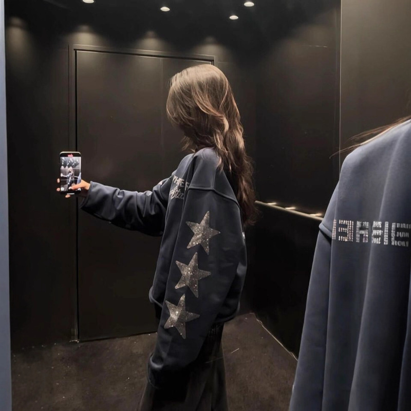 American-Style Long-Sleeve Sweatshirt for Autumn and Winter, Ins Street Style with Rhinestone Letters, Loose Casual Versatile 2025 New Model Top