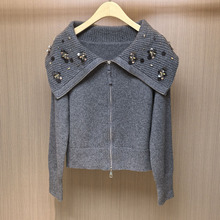 现货深圳南油货源2025秋冬新款拉链款钉珠刺绣针织开衫上衣外套