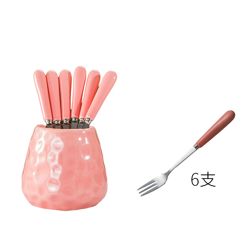 Creativo lindo Tenedor de fruta de cerámica de acero inoxidable palo de fruta Tenedor de postre de los niños del hogar pequeño tenedor traje de comer fruta