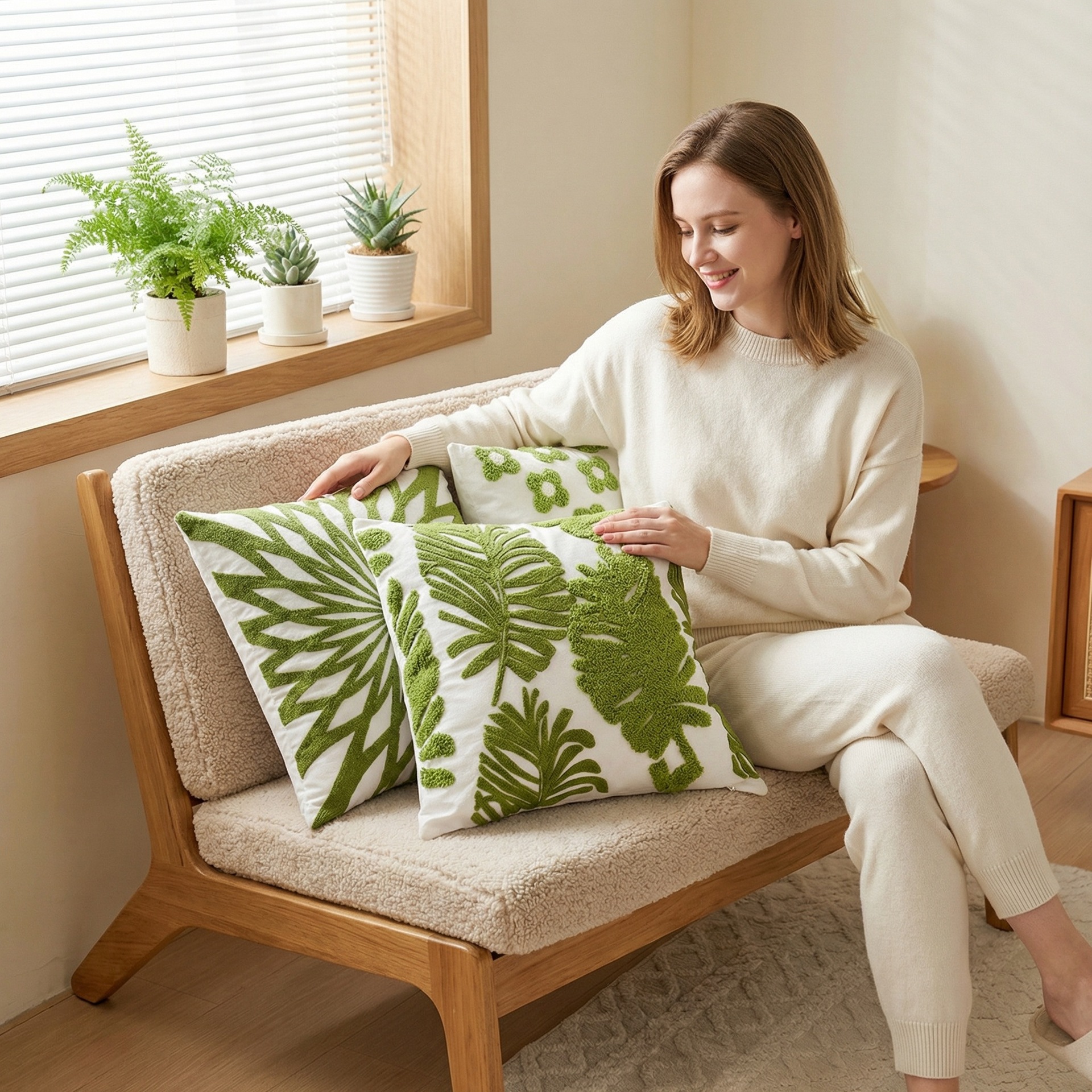 Cross-Border Amazon Leaf Green Geometric Towel Embroidery Canvas Embroidery Sofa Throw Pillow Outdoor Cushion Canvas Throw Pillow