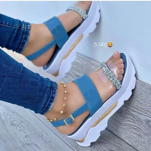 Independent station Amazon 2022 summer new European and American thick bottom muffin sparkling rhinestone transparent large size women's sandals