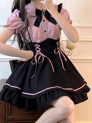 日本系の甘いかわいいロリータのワンピースの女の子のLolitaの王女のスカートのシャツの背もたれのスカートのスーツの2つのセット