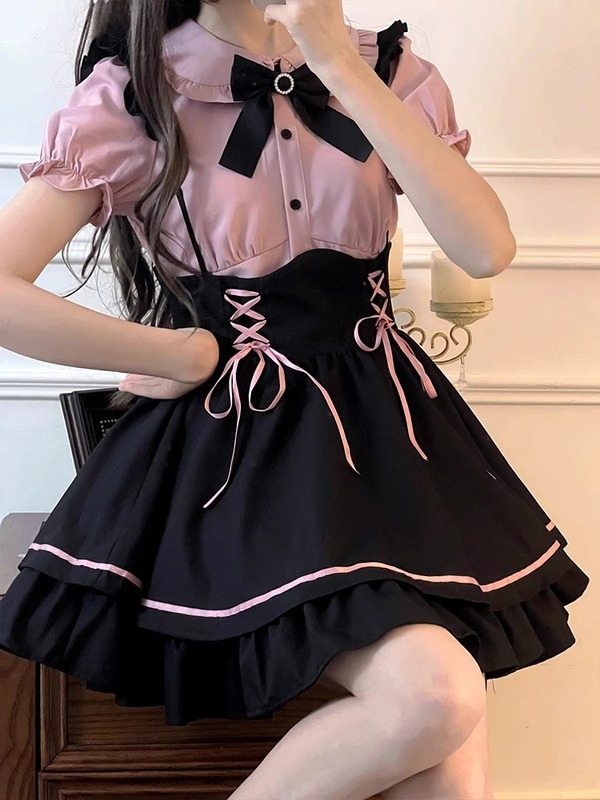日本系の甘いかわいいロリータのワンピースの女の子のLolitaの王女のスカートのシャツの背もたれのスカートのスーツの2つのセット|undefined
