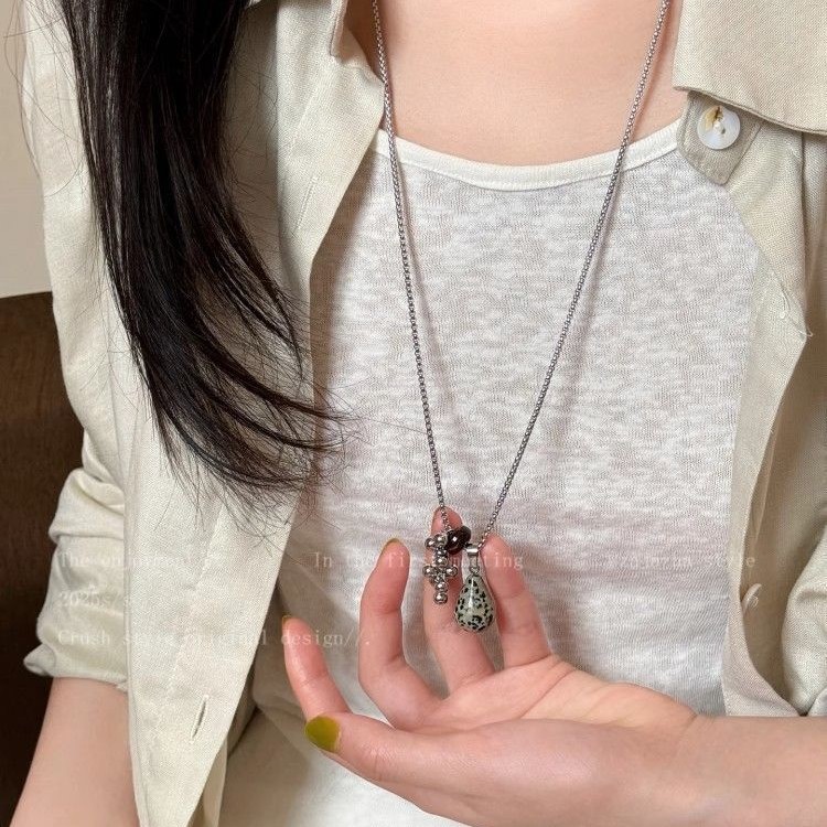 Titanium Steel Tiger Eye Stone Long Necklace Women's Summer Niche High-End Sweater Chain Natural Stone Grape Bunch Pendant for Men