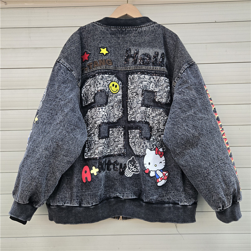 Marca de moda europea desmontable chaqueta de revestimiento interior, chaqueta de vaqueros de dibujos animados extranjeros, chaqueta bordada, chaqueta de béisbol de algodón
