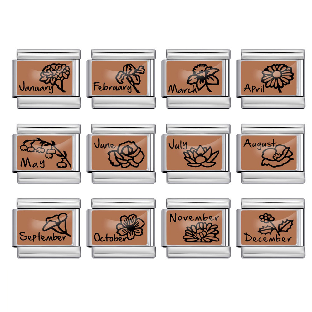 12月份花卉系列意大利模块手链 图片打印钛钢DIY弹力手环配件