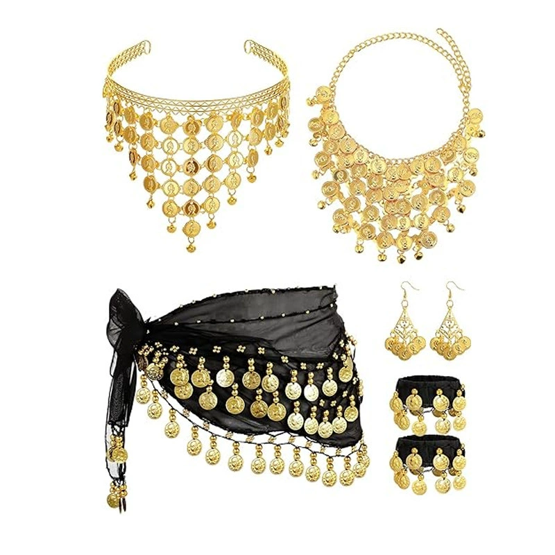 Амазонка танец живота с цепочкой талии набор красоты монеты головный обруч 72 монеты браслет браслет ожерелье серьги металлические украшения