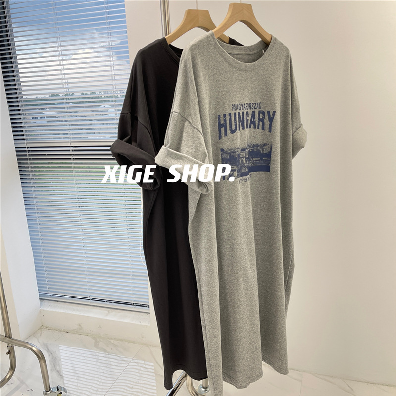 2026 Summer New Style Cotton Lazy Short-Sleeved Over-The-Knee Long Skirt with Letter Print Short-Sleeved T-Shirt Dress for Women